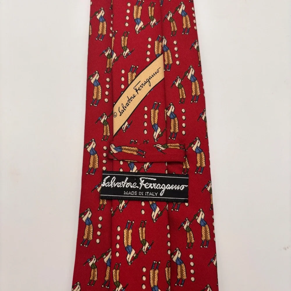 Salvatore Ferragamo‎ Mens Silk Italy Tie Red Golf Club Golfer Size 59